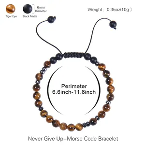 Handgefertigtes Morse-Code-Armband mit Tigerauge-Perlen und mattschwarzen Steinen, Kordel