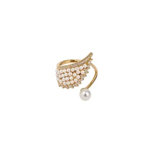 Elegant angel wing open ring with sparkling zircons and delicate white pearls