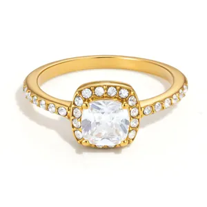Elegant gold-plated titanium steel ring with a square-cut zircon and halo stones.