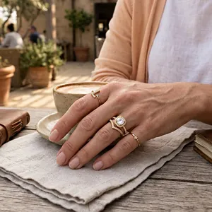 Close-up detail showing sparkling golden zircon rings worn on a hand at a cafe table