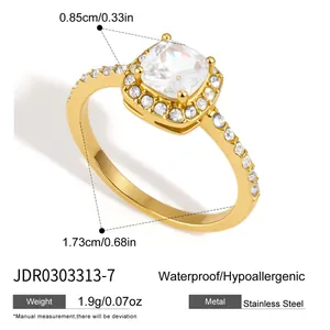 Detailed gold stainless steel ring with square zircon stone and pave measurements