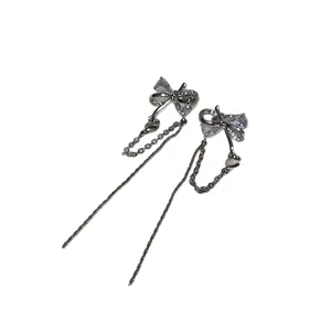 Korean style silver bow tassel ear clips for non-pierced ears, elegant sparkling jewelry.