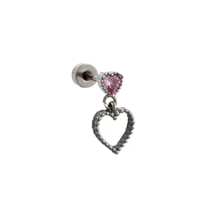 Pink heart zircon stud earring in titanium steel with a silver-toned double heart dangle