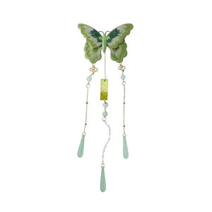 Pince à cheveux papillon vert vintage avec longues franges perles et pendentifs goutte