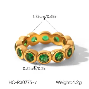 Detailed view of gold stainless steel ring with round green zircon stones and measurements