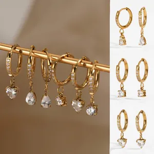 Roestvrij Stalen Strass Huggie Hoop Oorbellen Exquise Hart Waterdruppel Vierkant Hanger Mode Sieraden Voor Vrouwen PVD Verguld