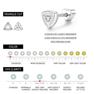 S925 sterling silver stud earring with trillion cut D color VVS1 moissanite and heart back