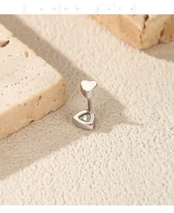 Detailed view of S925 sterling silver heart and triangle Moissanite screw back stud earring