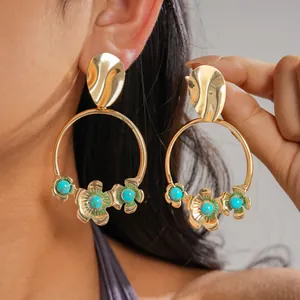 Boucles d'Oreilles Pendantes Fleurs Rondes en Métal Doré de Style Occidental pour Femmes Avec Tige en Argent Boucles d'Oreilles Florales Géométriques en Acrylique