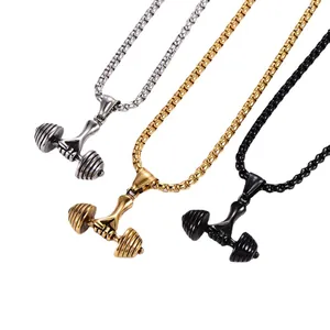 Professional fitness dumbbell pendant necklaces in gold silver and black stainless steel