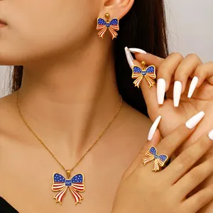 USA 250th Independence Day Commemorative Jewelry Set Stainless Steel Bow American Flag Eagle Necklace Earrings Ring Brooch For Women