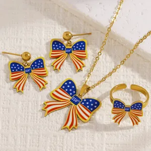 Detailed view of US Independence Day 250th anniversary bow necklace earrings ring set