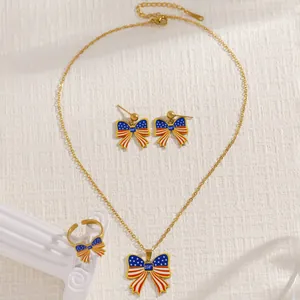 250th Independence Day bow jewelry set with patriotic US flag necklace earrings and ring