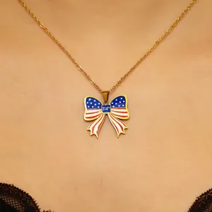 Close-up of US flag pattern bow necklace for 250th Independence Day anniversary