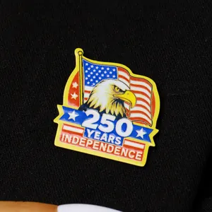 Close-up of a 250th US Independence Day anniversary pin with eagle and flag design