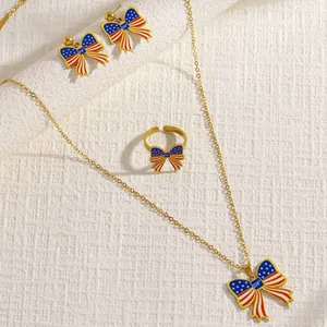 Detailed view of 250th anniversary US flag bow-knot necklace, earrings, and ring jewelry set