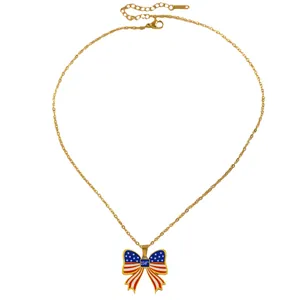 Gold chain necklace with detailed American flag bow pendant for 250th anniversary USA