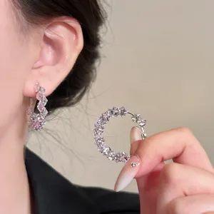Korean Style Geometric Zirconia Hoop Earrings For Women Copper Silver Color Inlaid Daily Banquet Luxury Jewelry Accessory