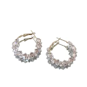 Elegant silver needle hoop earrings featuring sparkling lavender zircon crystals for women