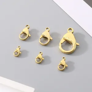 Detail view of various sizes of gold 304 stainless steel lobster clasps for jewelry DIY