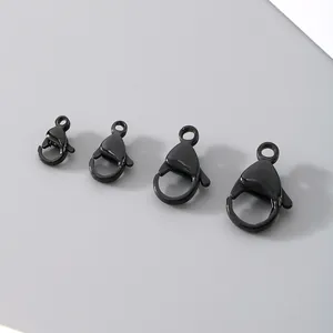 Detailed view showing four different sizes of black 304 stainless steel lobster clasps.