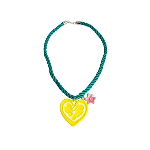 Summer style teal twisted cord necklace with enamel heart lemon and pink flower
