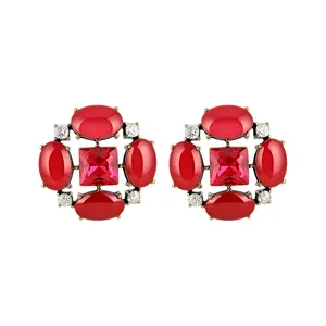 Vintage style red cat-eye and crystal stud earrings in gold-tone setting