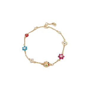Colorful ladybug and flower charm bracelet with vibrant zircon stones in gold finish