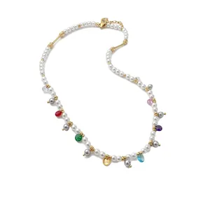 French vintage pearl necklace with colorful gemstone charms and gold accents.