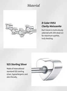 Detailed close-up of S925 sterling silver earrings featuring VVS1 Moissanite stones.