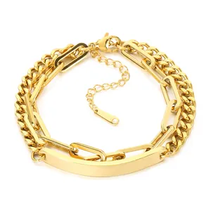 Minimalist gold-plated double layer stainless steel bracelet with engravable bar