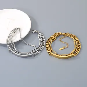 Detail showing gold and silver double-layered stainless steel bracelets with engravable bars