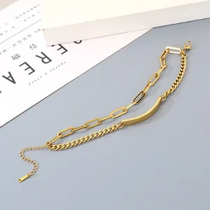 Detailed view of gold stainless steel double-layer bracelet with engravable curved bar