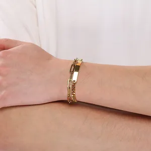 Gold-plated titanium steel double-layer bracelet with engravable ID plate on wrist