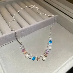 Elegant rainbow zircon and round pearl pendant necklace with silver chain for women