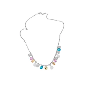 Elegante collana a catena argentata con ciondoli in zircone multicolore e perle bianche tonde