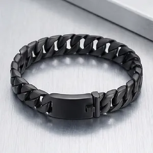 Close-up of matte black Cuban link bracelet for men with secure rectangular push buckle