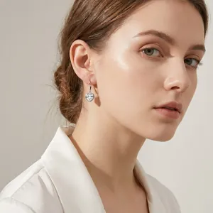 Elegante Nahaufnahme eines Modells mit einem herzförmigen Kristallohrring in Silber