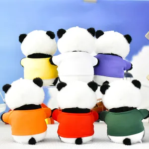 Rear view of six cute stuffed panda plush toys wearing different vibrant colorful t-shirts