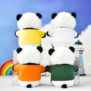 Back view of cute panda plushies wearing yellow, white, orange and green t-shirts.