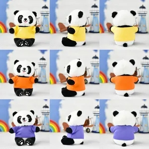 Multi-angle view of cute panda plush toys in colorful yellow, orange and purple T-shirts