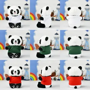Cute panda plush toy in colorful t-shirts, shown in front, side, and back views.