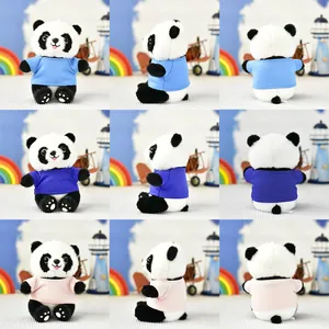 Detailed view of panda plush toys wearing colorful t-shirts from multiple angles