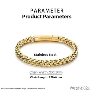 Detail view of 6mm gold stainless steel wheat chain bracelet with 230mm length specifications