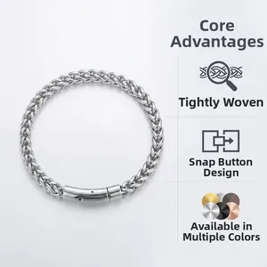 Detail of multi-color woven keel chain bracelets with secure cylindrical push-pull clasps