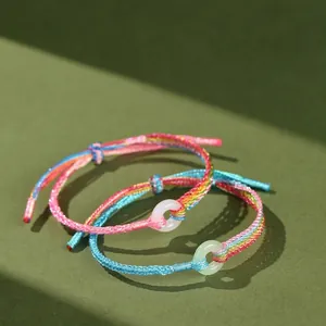 Bracciale in Corda Multicolore Intrecciata a Mano Con Ciondolo Pingan Kou Calcedonio Gioielli Regolabili in Stile Folk Cinese per Donna