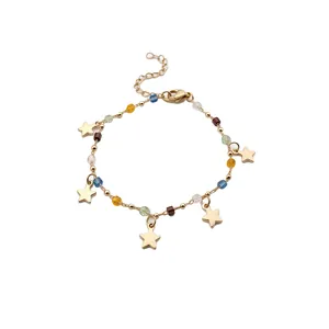 Squisito bracciale a catena d'oro con perline di cristallo colorate e stelle