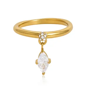 18K vergulde roestvrijstalen ring met marquise-zirkonia hanger en kristallen kraal