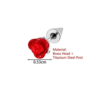 Red rose stud earring with silver cone spike back made of durable titanium steel