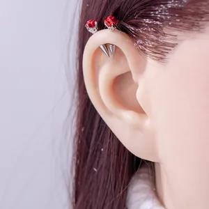 Gothic style red rose titanium steel piercing ear bone stud with silver metal cone detail